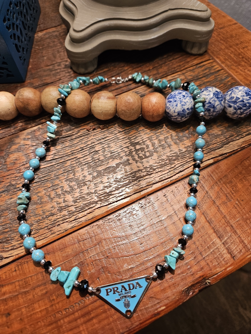 Prada Turquoise and Black Beaded Triangle Logo Necklace